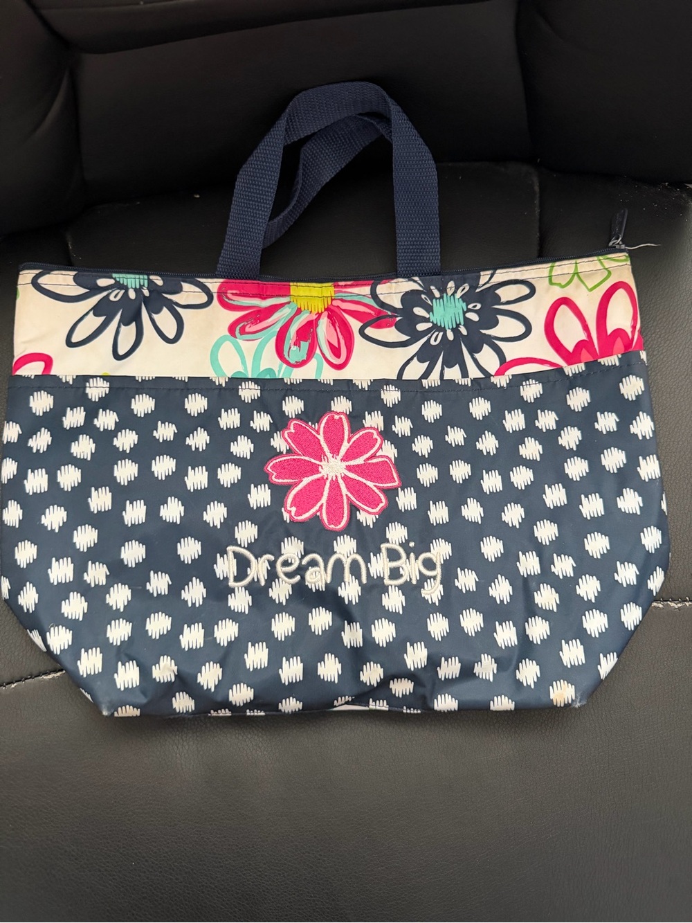 thirty-one Navy Floral Accent Tote with Pink Applique
